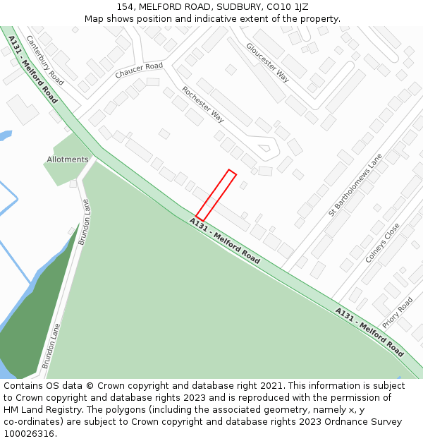 154, MELFORD ROAD, SUDBURY, CO10 1JZ: Location map and indicative extent of plot