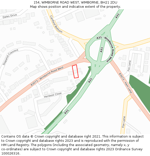 154, WIMBORNE ROAD WEST, WIMBORNE, BH21 2DU: Location map and indicative extent of plot