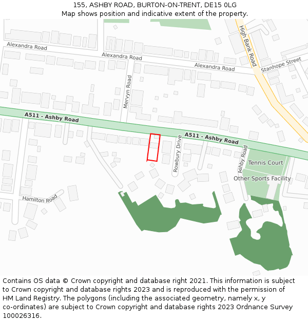 155, ASHBY ROAD, BURTON-ON-TRENT, DE15 0LG: Location map and indicative extent of plot