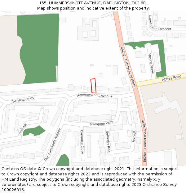 155, HUMMERSKNOTT AVENUE, DARLINGTON, DL3 8RL: Location map and indicative extent of plot