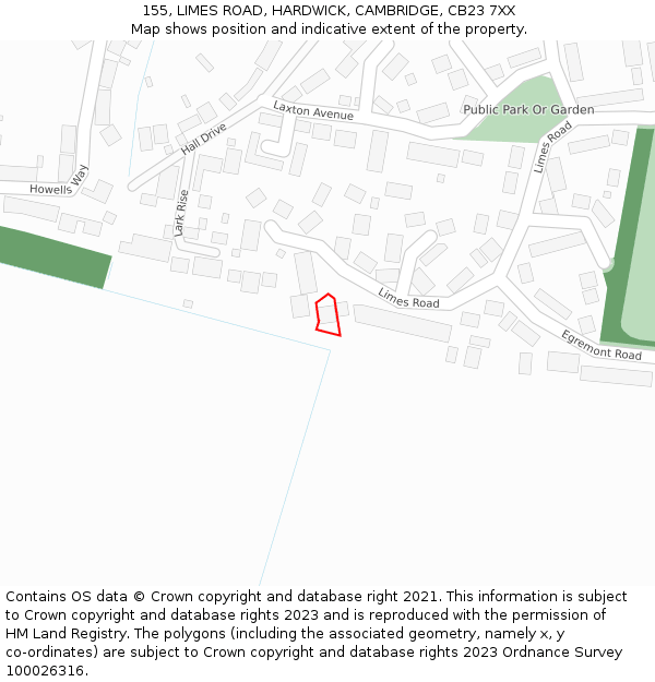 155, LIMES ROAD, HARDWICK, CAMBRIDGE, CB23 7XX: Location map and indicative extent of plot