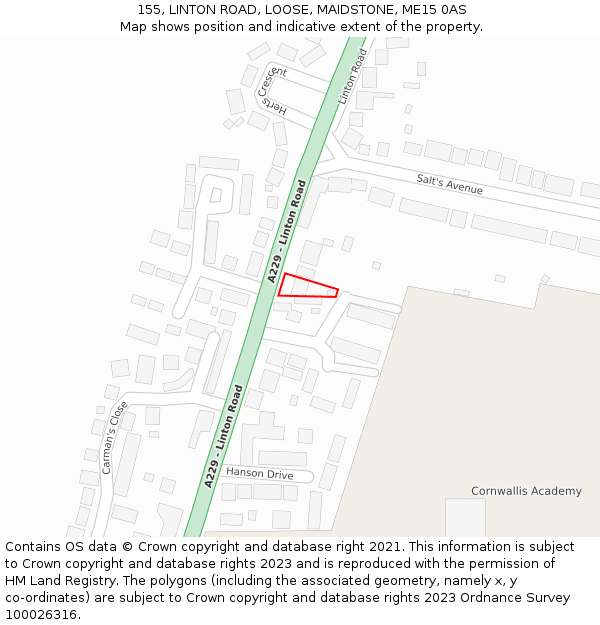 155, LINTON ROAD, LOOSE, MAIDSTONE, ME15 0AS: Location map and indicative extent of plot