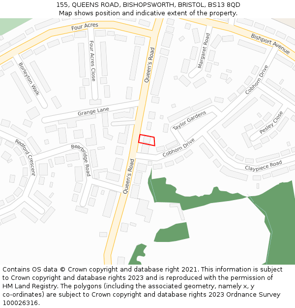 155, QUEENS ROAD, BISHOPSWORTH, BRISTOL, BS13 8QD: Location map and indicative extent of plot
