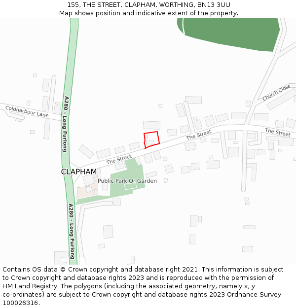 155, THE STREET, CLAPHAM, WORTHING, BN13 3UU: Location map and indicative extent of plot