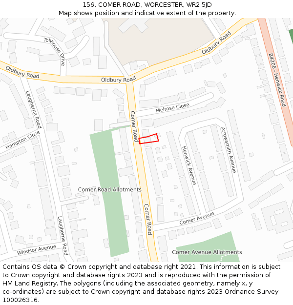 156, COMER ROAD, WORCESTER, WR2 5JD: Location map and indicative extent of plot