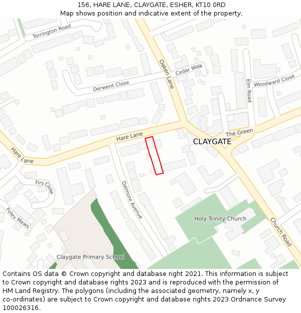 156, HARE LANE, CLAYGATE, ESHER, KT10 0RD: Location map and indicative extent of plot