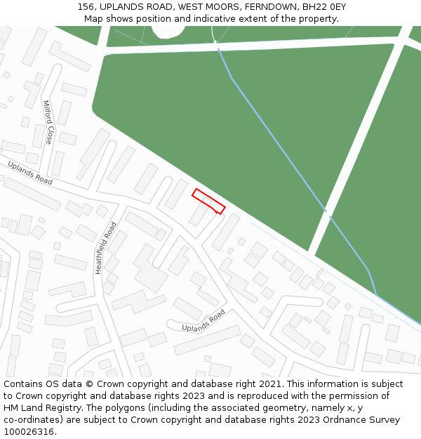 156, UPLANDS ROAD, WEST MOORS, FERNDOWN, BH22 0EY: Location map and indicative extent of plot