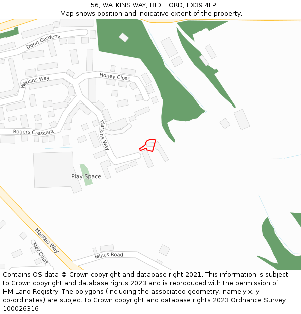 156, WATKINS WAY, BIDEFORD, EX39 4FP: Location map and indicative extent of plot