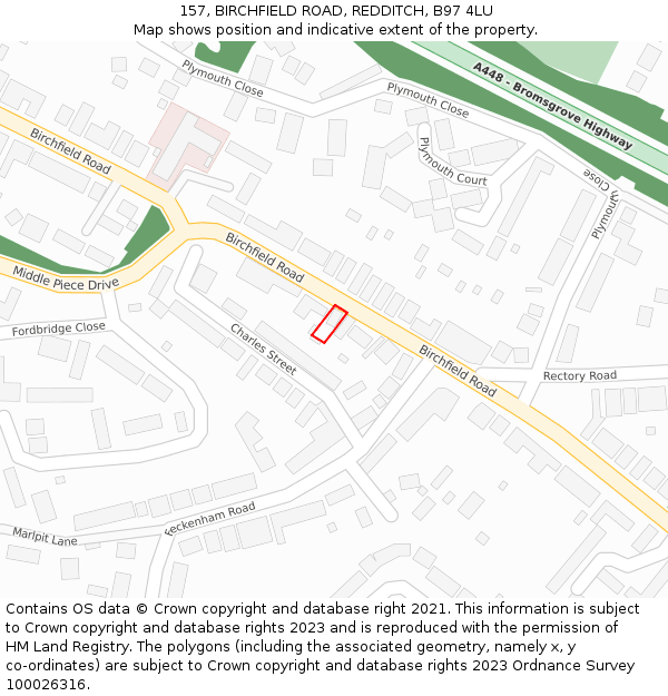 157, BIRCHFIELD ROAD, REDDITCH, B97 4LU: Location map and indicative extent of plot