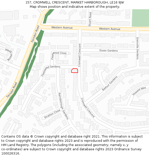 157, CROMWELL CRESCENT, MARKET HARBOROUGH, LE16 9JW: Location map and indicative extent of plot