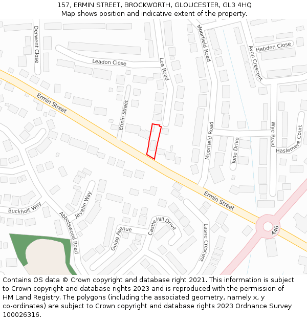 157, ERMIN STREET, BROCKWORTH, GLOUCESTER, GL3 4HQ: Location map and indicative extent of plot