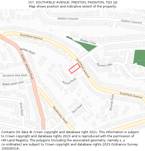 157, SOUTHFIELD AVENUE, PRESTON, PAIGNTON, TQ3 1JX: Location map and indicative extent of plot