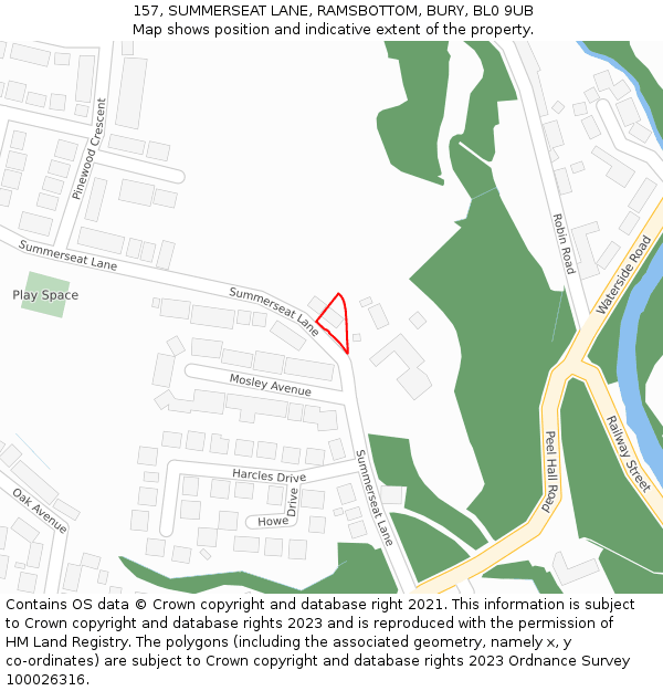 157, SUMMERSEAT LANE, RAMSBOTTOM, BURY, BL0 9UB: Location map and indicative extent of plot