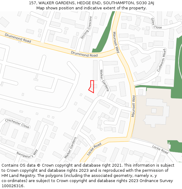 157, WALKER GARDENS, HEDGE END, SOUTHAMPTON, SO30 2AJ: Location map and indicative extent of plot