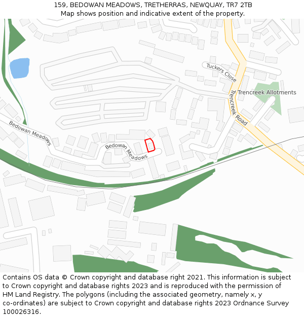 159, BEDOWAN MEADOWS, TRETHERRAS, NEWQUAY, TR7 2TB: Location map and indicative extent of plot
