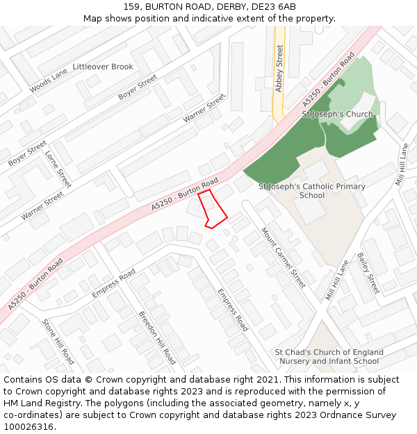 159, BURTON ROAD, DERBY, DE23 6AB: Location map and indicative extent of plot
