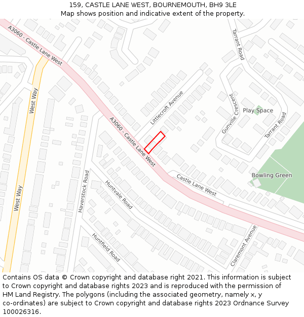 159, CASTLE LANE WEST, BOURNEMOUTH, BH9 3LE: Location map and indicative extent of plot