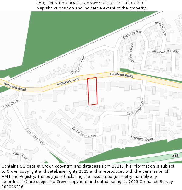 159, HALSTEAD ROAD, STANWAY, COLCHESTER, CO3 0JT: Location map and indicative extent of plot