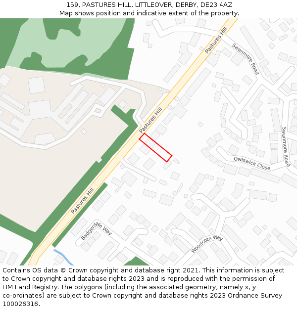 159, PASTURES HILL, LITTLEOVER, DERBY, DE23 4AZ: Location map and indicative extent of plot