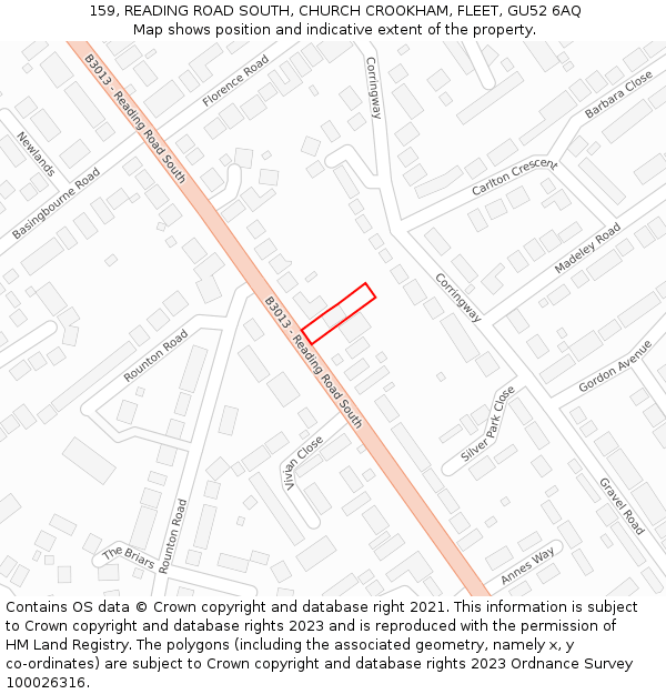 159, READING ROAD SOUTH, CHURCH CROOKHAM, FLEET, GU52 6AQ: Location map and indicative extent of plot