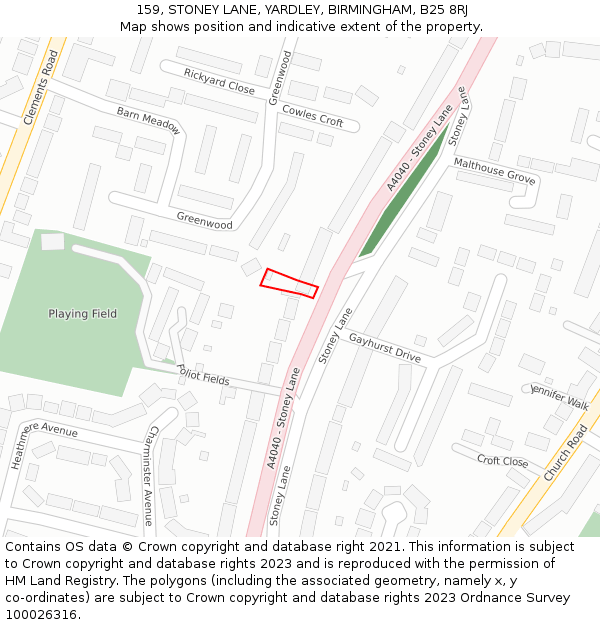 159, STONEY LANE, YARDLEY, BIRMINGHAM, B25 8RJ: Location map and indicative extent of plot
