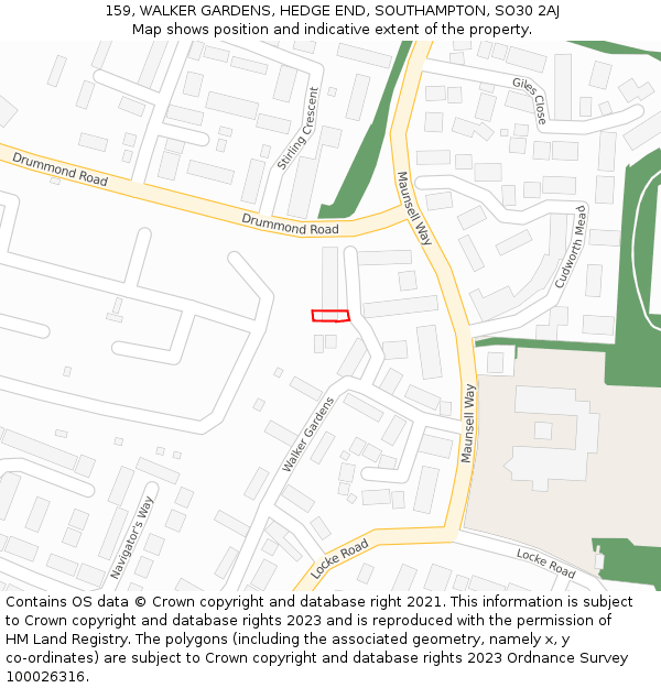 159, WALKER GARDENS, HEDGE END, SOUTHAMPTON, SO30 2AJ: Location map and indicative extent of plot