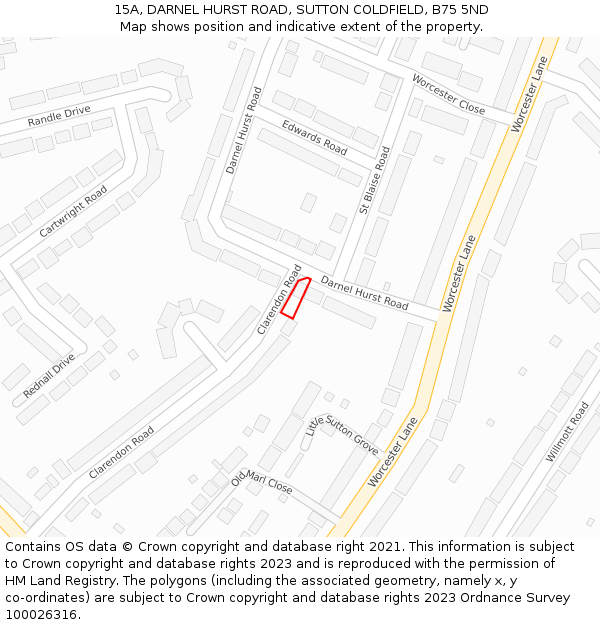 15A, DARNEL HURST ROAD, SUTTON COLDFIELD, B75 5ND: Location map and indicative extent of plot