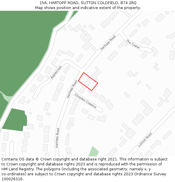 15A, HARTOPP ROAD, SUTTON COLDFIELD, B74 2RQ: Location map and indicative extent of plot