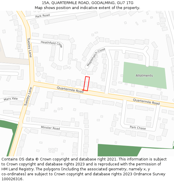 15A, QUARTERMILE ROAD, GODALMING, GU7 1TG: Location map and indicative extent of plot