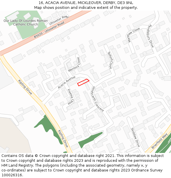 16, ACACIA AVENUE, MICKLEOVER, DERBY, DE3 9NL: Location map and indicative extent of plot