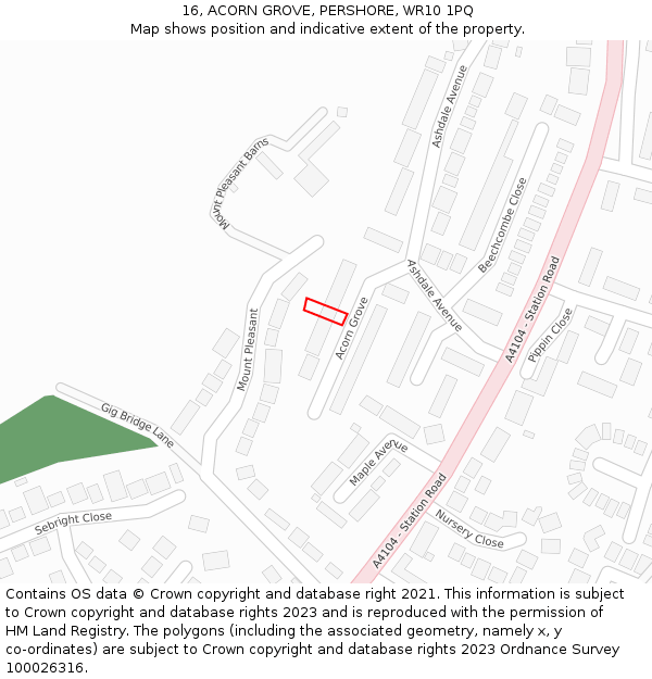 16, ACORN GROVE, PERSHORE, WR10 1PQ: Location map and indicative extent of plot