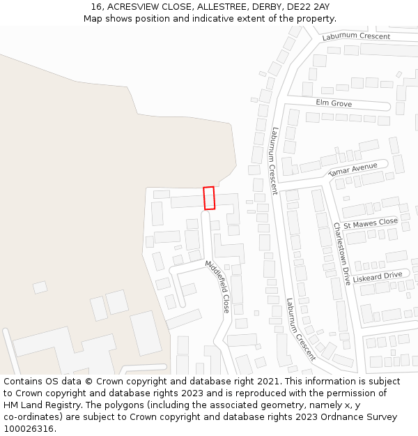 16, ACRESVIEW CLOSE, ALLESTREE, DERBY, DE22 2AY: Location map and indicative extent of plot