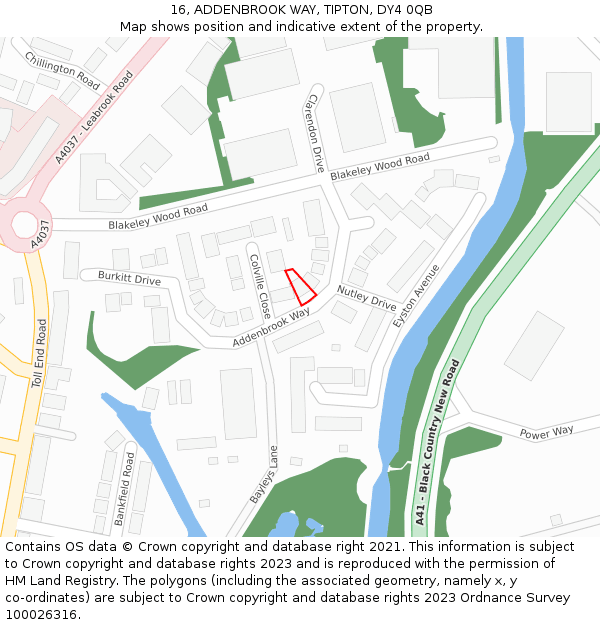 16, ADDENBROOK WAY, TIPTON, DY4 0QB: Location map and indicative extent of plot