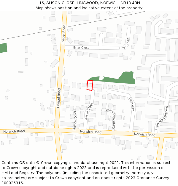16, ALISON CLOSE, LINGWOOD, NORWICH, NR13 4BN: Location map and indicative extent of plot