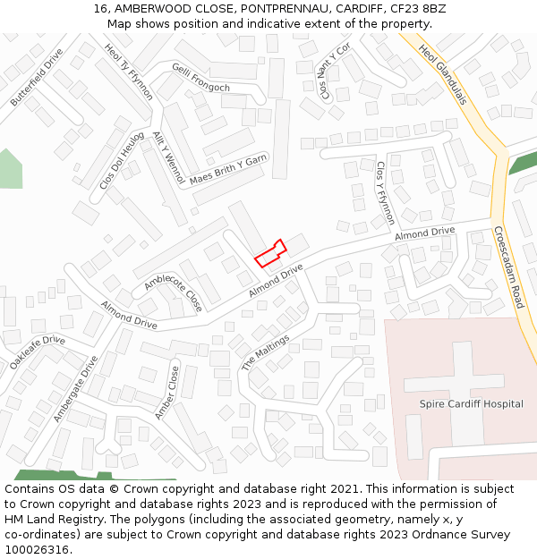 16, AMBERWOOD CLOSE, PONTPRENNAU, CARDIFF, CF23 8BZ: Location map and indicative extent of plot