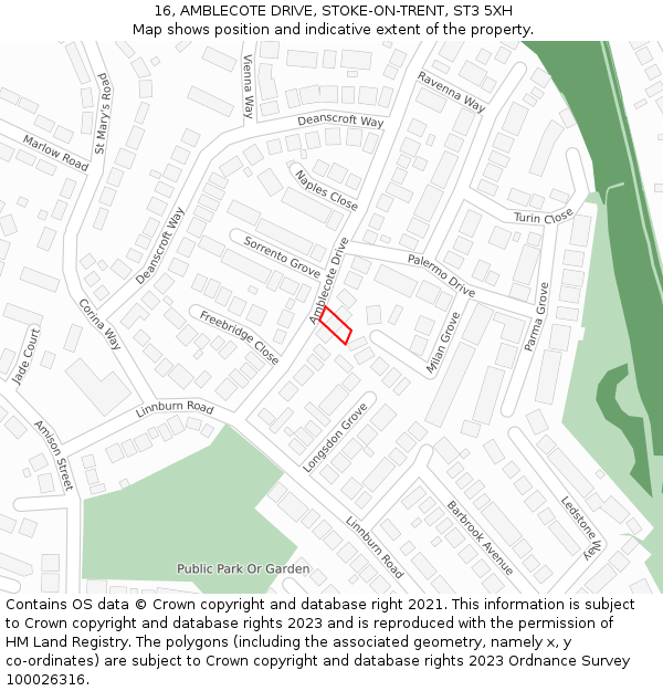 16, AMBLECOTE DRIVE, STOKE-ON-TRENT, ST3 5XH: Location map and indicative extent of plot
