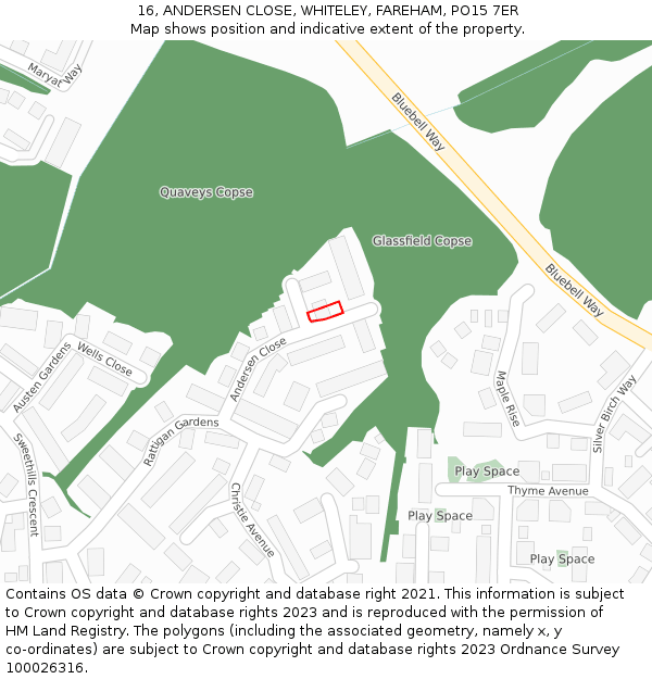 16, ANDERSEN CLOSE, WHITELEY, FAREHAM, PO15 7ER: Location map and indicative extent of plot