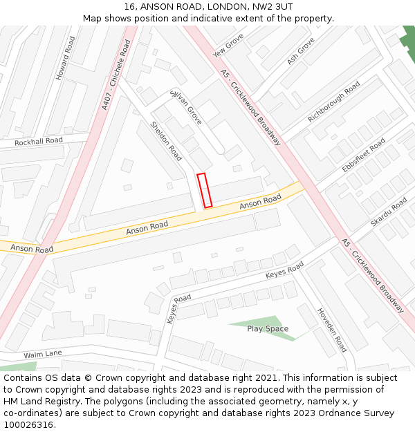 16, ANSON ROAD, LONDON, NW2 3UT: Location map and indicative extent of plot