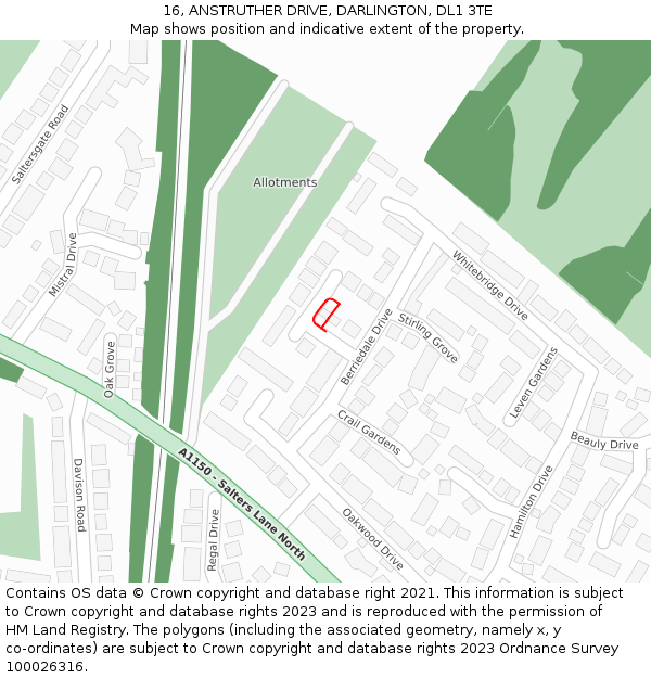 16, ANSTRUTHER DRIVE, DARLINGTON, DL1 3TE: Location map and indicative extent of plot
