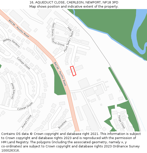 16, AQUEDUCT CLOSE, CAERLEON, NEWPORT, NP18 3PD: Location map and indicative extent of plot