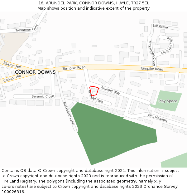 16, ARUNDEL PARK, CONNOR DOWNS, HAYLE, TR27 5EL: Location map and indicative extent of plot