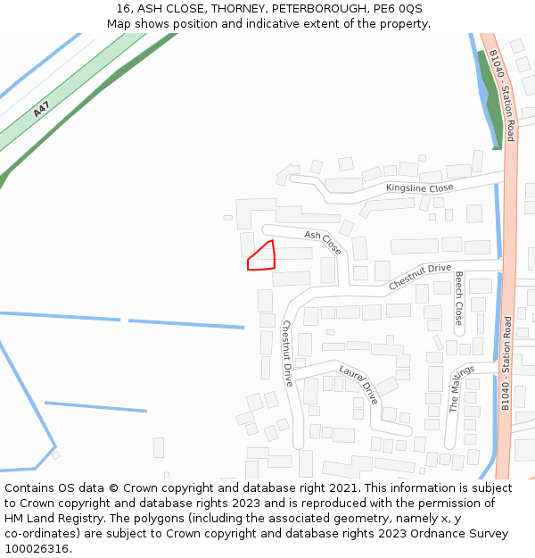 16, ASH CLOSE, THORNEY, PETERBOROUGH, PE6 0QS: Location map and indicative extent of plot