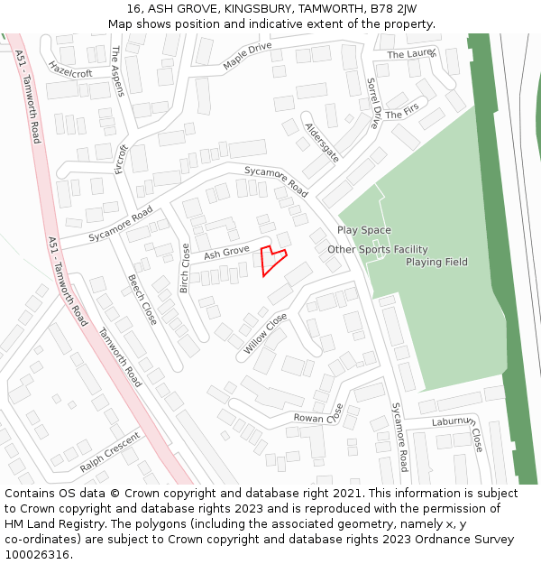 16, ASH GROVE, KINGSBURY, TAMWORTH, B78 2JW: Location map and indicative extent of plot