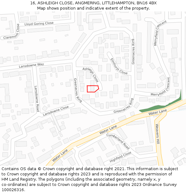 16, ASHLEIGH CLOSE, ANGMERING, LITTLEHAMPTON, BN16 4BX: Location map and indicative extent of plot