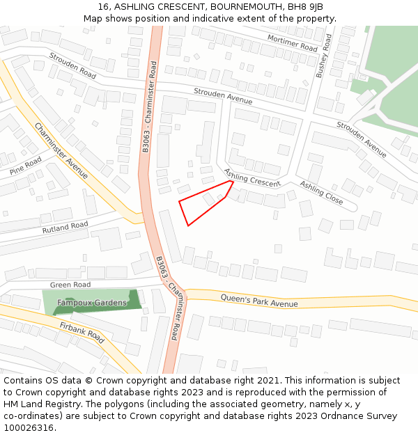 16, ASHLING CRESCENT, BOURNEMOUTH, BH8 9JB: Location map and indicative extent of plot