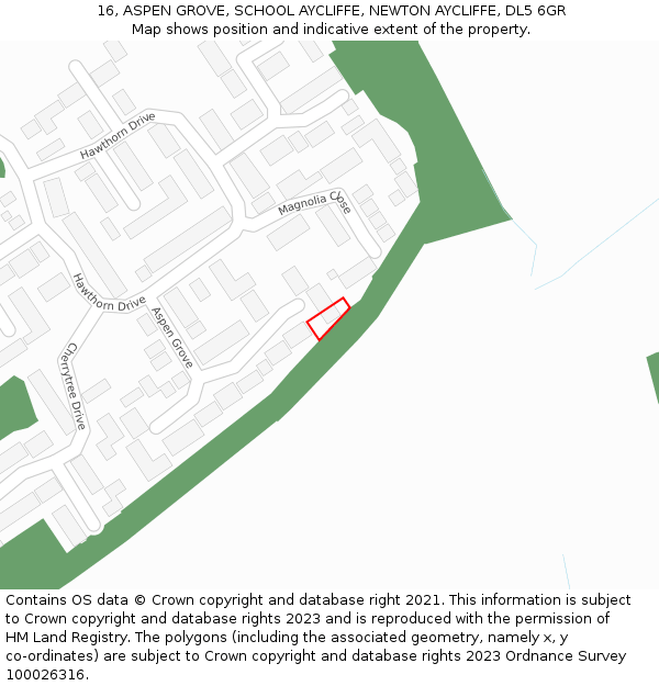 16, ASPEN GROVE, SCHOOL AYCLIFFE, NEWTON AYCLIFFE, DL5 6GR: Location map and indicative extent of plot