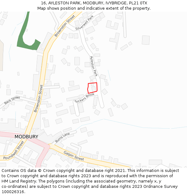16, AYLESTON PARK, MODBURY, IVYBRIDGE, PL21 0TX: Location map and indicative extent of plot
