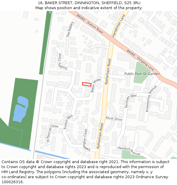 16, BAKER STREET, DINNINGTON, SHEFFIELD, S25 3RU: Location map and indicative extent of plot