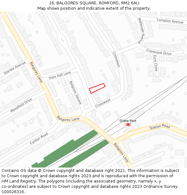 16, BALGORES SQUARE, ROMFORD, RM2 6AU: Location map and indicative extent of plot