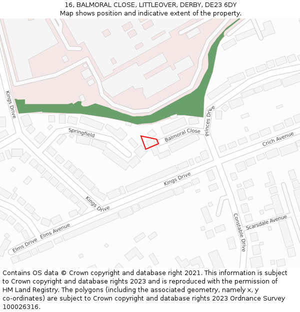 16, BALMORAL CLOSE, LITTLEOVER, DERBY, DE23 6DY: Location map and indicative extent of plot